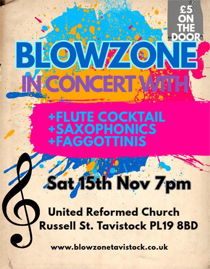 Concert 15th Nov Colourful poster with magenta, yellow and cyan paint splashes and a treble clef giving details of the upcoming concert.  All details are as in preceding paragraphy
