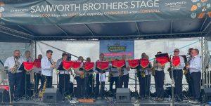 Saxophonics playing the Samworth Stage at the Callington Mayfes in 2026